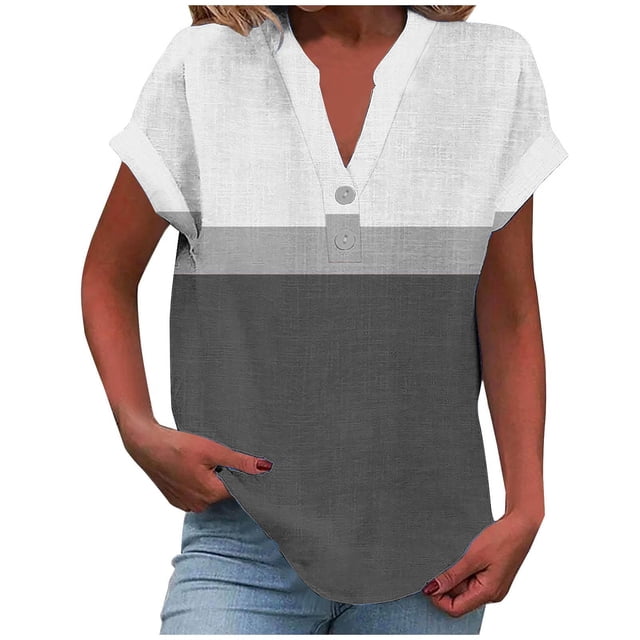 Staron Women's Tops Clearance V Neck Striped Short Sleeve Blouses Button Down Color Block Cotton Linen Tops