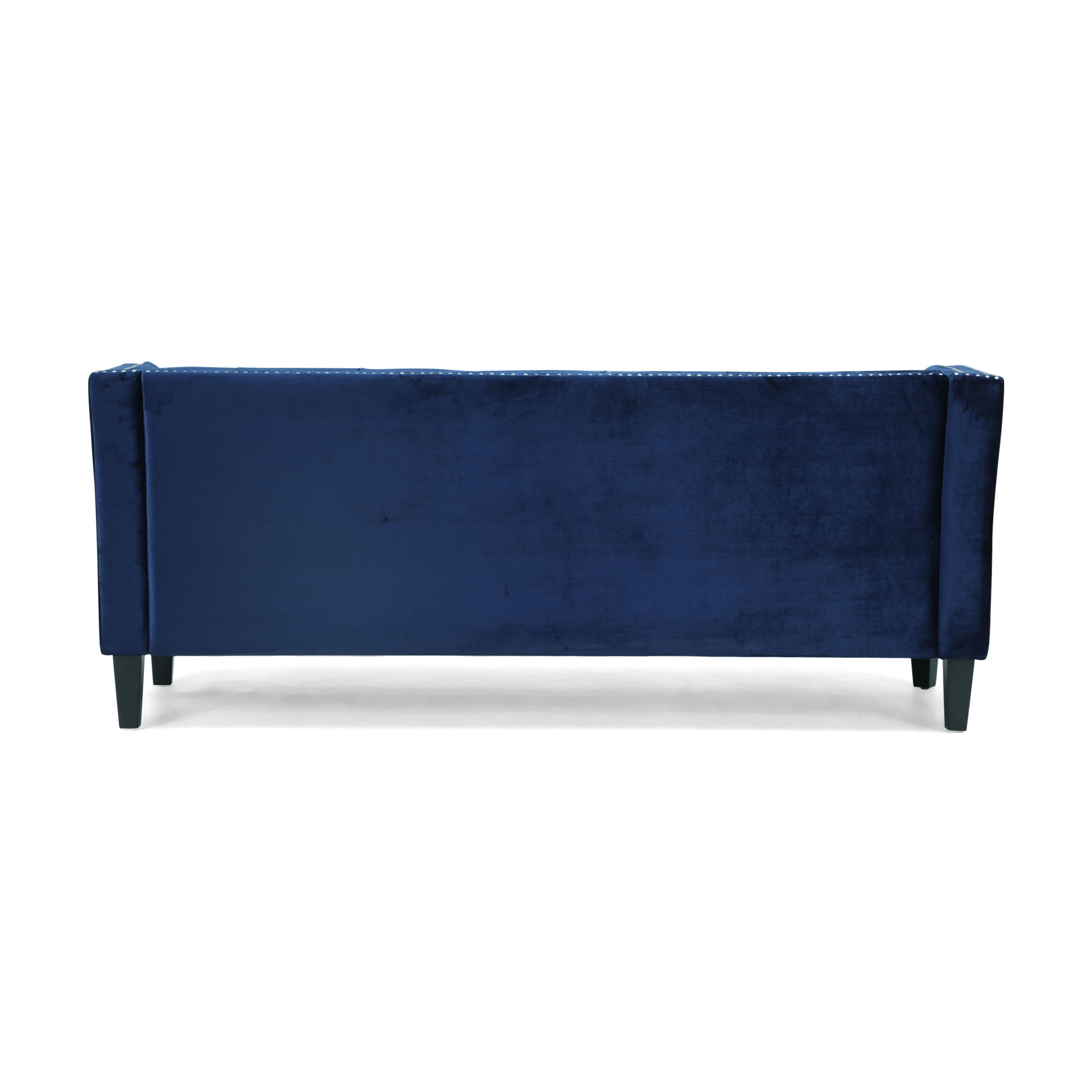 Noble House Claridge Button Tufted Velvet Sofa, Midnight Blue, Dark Brown
