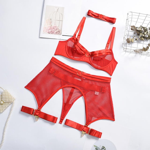 Conjunto de ropa interior, conjunto de lencería de malla de poliéster para mujer, Valentín, nocturnas - Rojo L Yinane Ropa interior de mujer