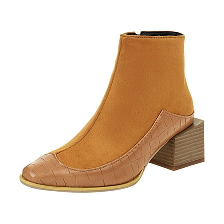 Womens Winter Toe Serpentine Leather Stitching High Heel Zipper Ankle Boots Summer Winter Cowboy Boots Shoes Western Trendy Rain Snow Weather Hiking Work Boot