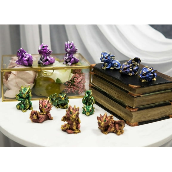 Set of 12 Metallic Red Green Purple Blue Baby Wyrmling Dragons Mini Figurines