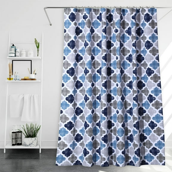 GlowSol Shower Curtain 72" x 72" Geometric Quatrefoil Patterned Modern Poly-Cotton Farmhouse Fabric Shower Curtain for Bathroom, Navy Blue Gray, 1 Panel