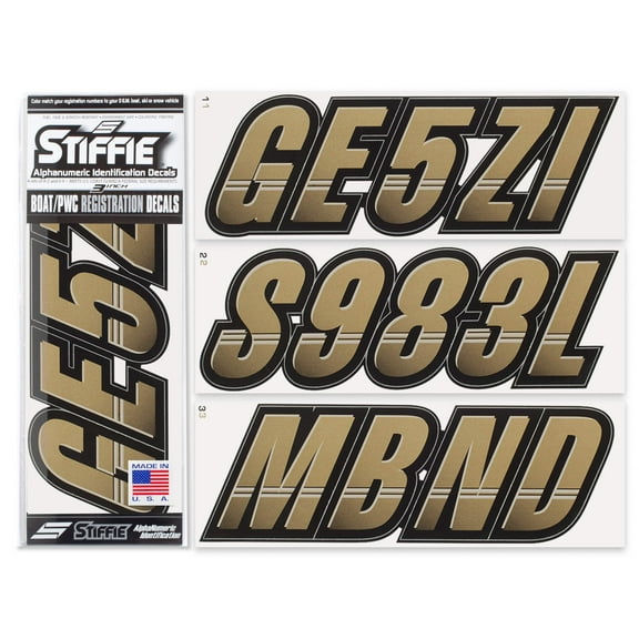 STIFFIE Techtron Metallic Gold/Black 3" Alpha-Numeric Identification Custom Kit Registration Numbers & Letters Marine Stickers Decals for Boats & Personal Watercraft PWC