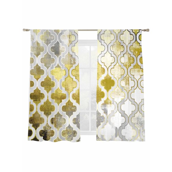 Yellow Morocco Sheer Curtains 63 Inch Length 2 Panels Set, Semi Transparent Voile Rod Pocket Curtains for Living Dining Room Bedroom Drapes Retro Grey Foil Painting Grunge Tribal