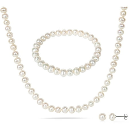 Miabella 6-7mm White Freshwater Cultured Pearl Brass Strand Necklace, Elastic Bracelet and Stud Earrings Set, 18