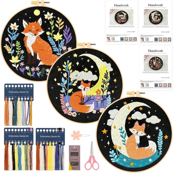 3 Pack Beginner Embroidery Kits for Adults DIY Starter Kit with Fox Flowers Stamped Patterns, Embroidery Hoop, Colorful Threads, Tools, Instructions