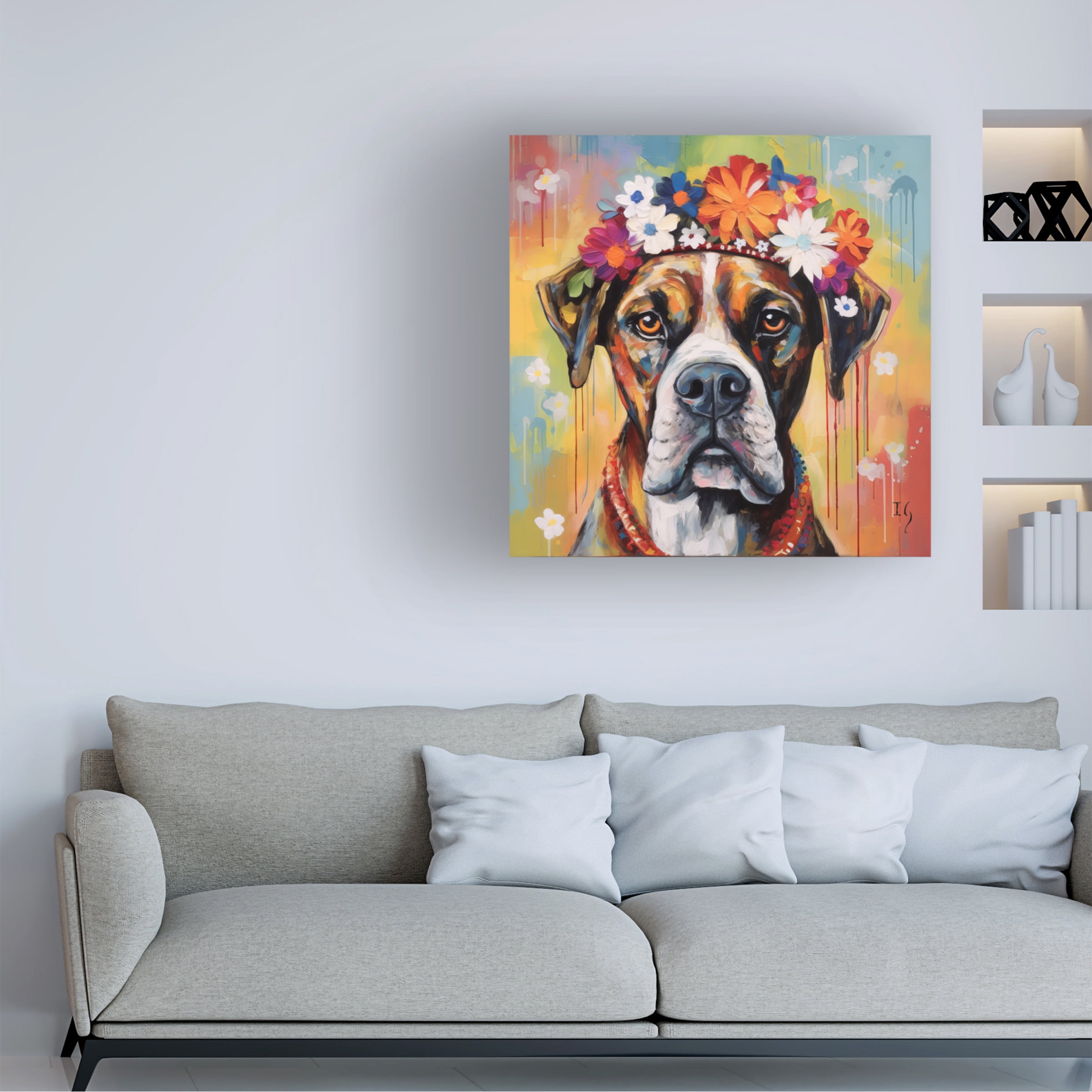 Canvas Wall Art - Ivan Guaderrama 'Daisy Crowned Boxer' Wall Art for Living Room, Bedroom, or Office Décor by Trademark Fine Art - 18 x 18 Inches