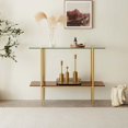 thumbnail image 4 of Rectangle Coffee Table Mid-Century Modern Design L W x H for Living Room - Structure Amber Glass Top and Walnut MDF Shelf Sleek Conical Metal Legs with Gold Finish, 4 of 9