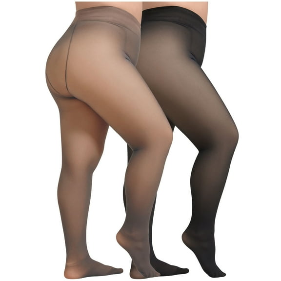 Women's Plus Size Everyday Tights 2PC Pack 90g Micro Fleece Leggings Comfort Fit Sheer Toe Pantyhose For Layered Outfits