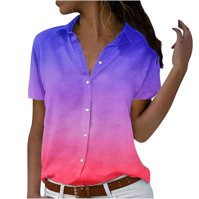 Button Down Shirts for Women Short Sleeve Collared Work Office Blouses Casual Relaxed Fit Summer Tunic Tops Plus Size