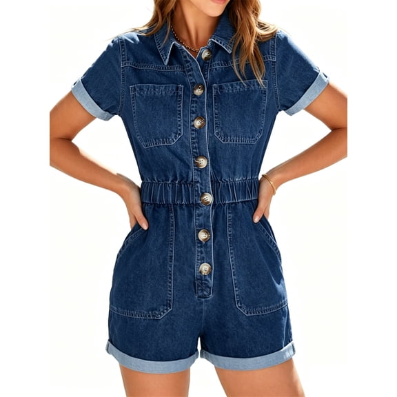 Short Sleeve Denim Rompers for Women Button Casual Jumpsuits with Pokcet