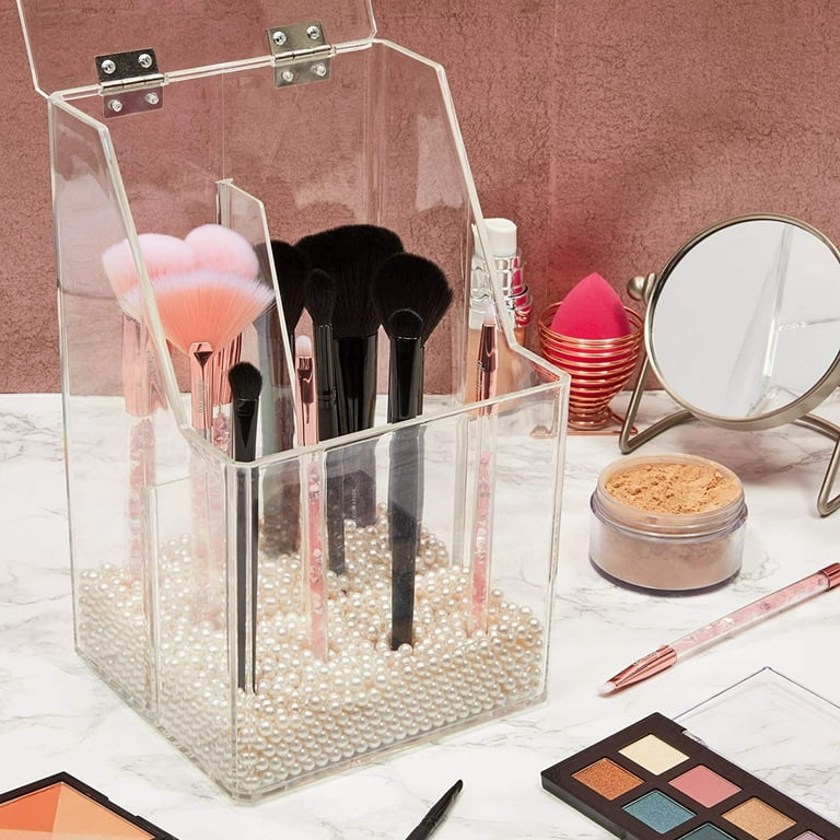 Acrylic Clear Makeup Brush Holder with Lid and Pearls, Cosmetic Storage  Organizer (6 x 5.7 x 9.25 In)