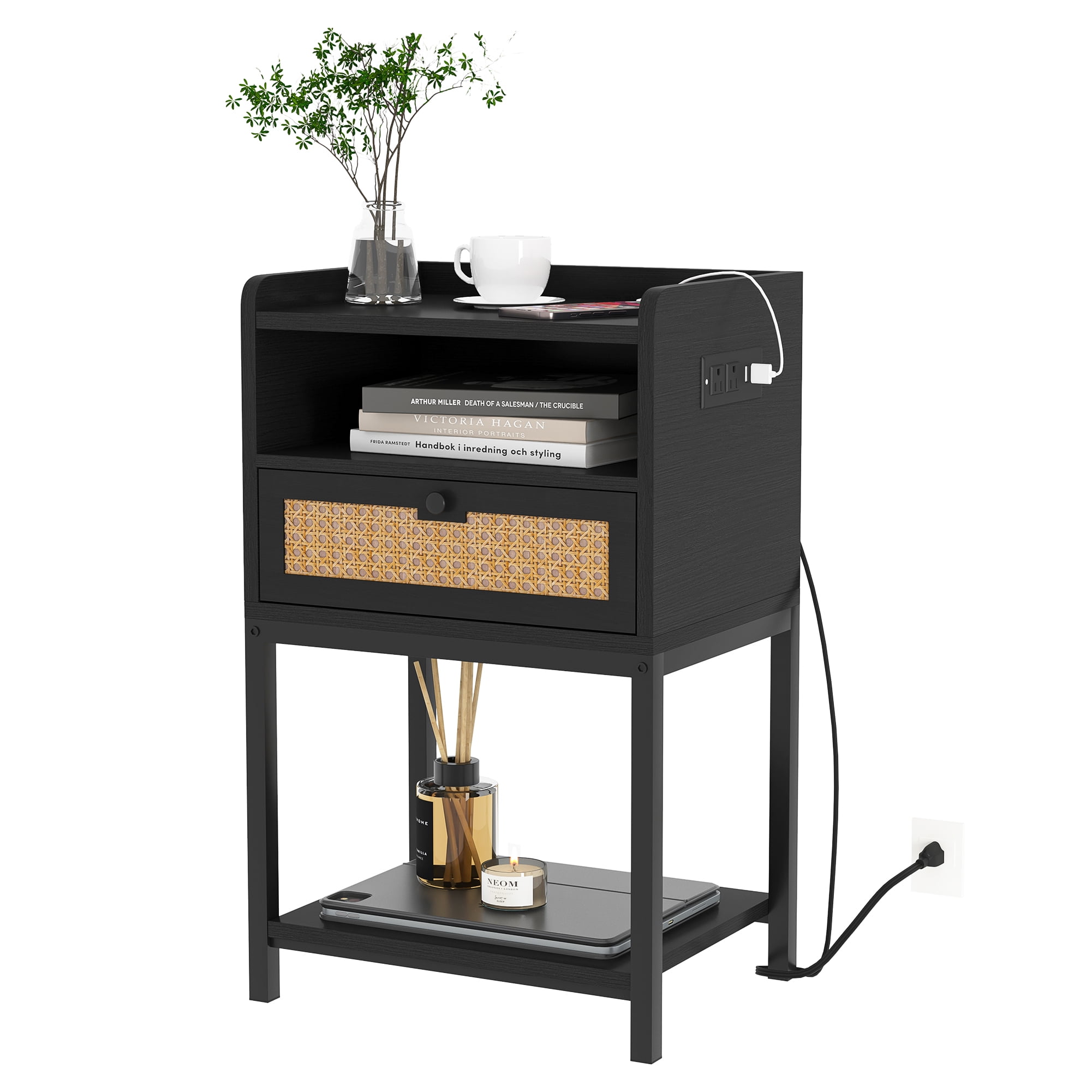 Kadyn Modern Nightstand, Night Stand with Charging Station & USB Ports, Bedside Table with Drawers and Charging Cable for Living Room, Black