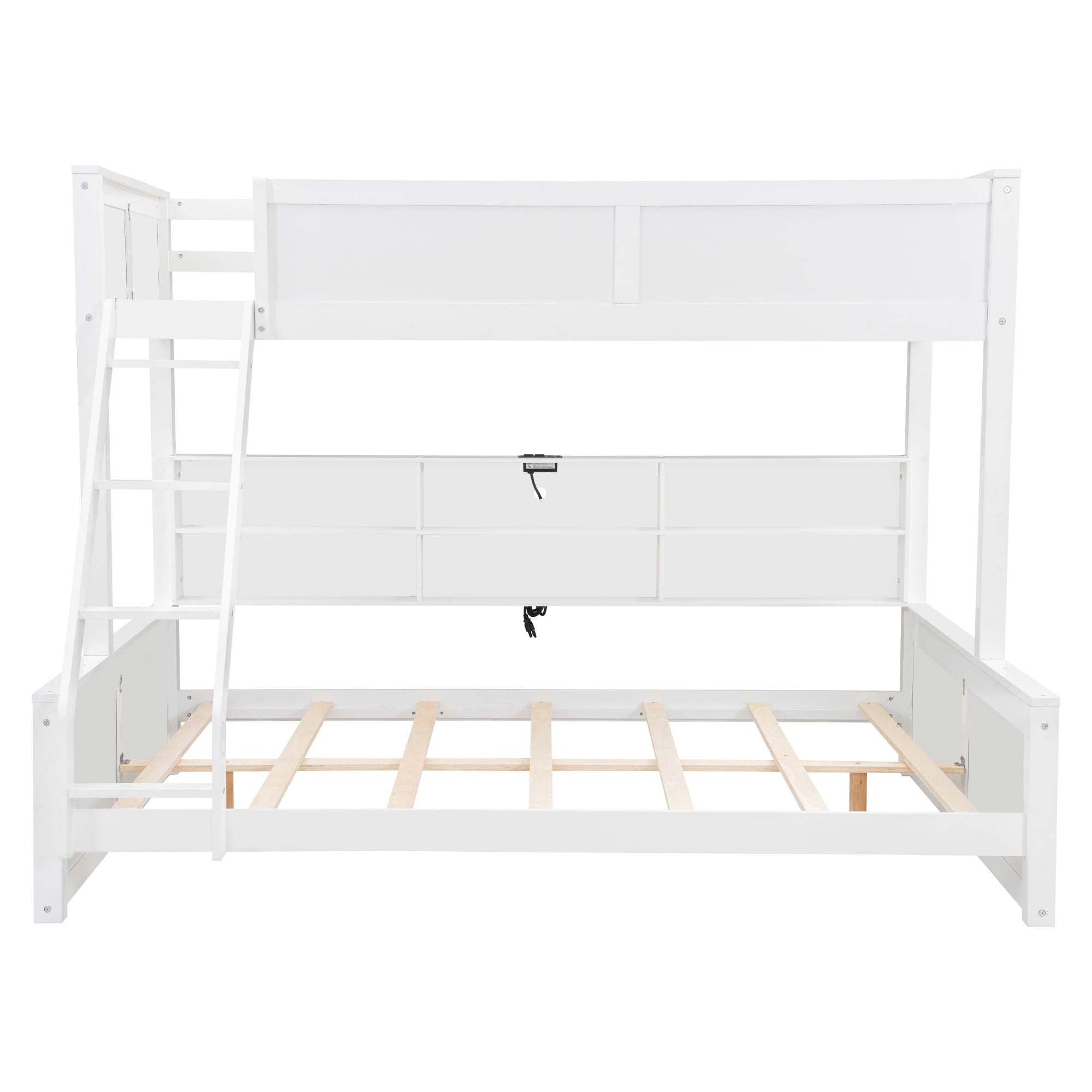 Twin XL over Queen Bunk Bed, Solid Pine Wood Bunk Bed with Built-in Storage Cabinets, Charging Station, Ladder,Safety Guardrails, No squeaking for Teens & Adults