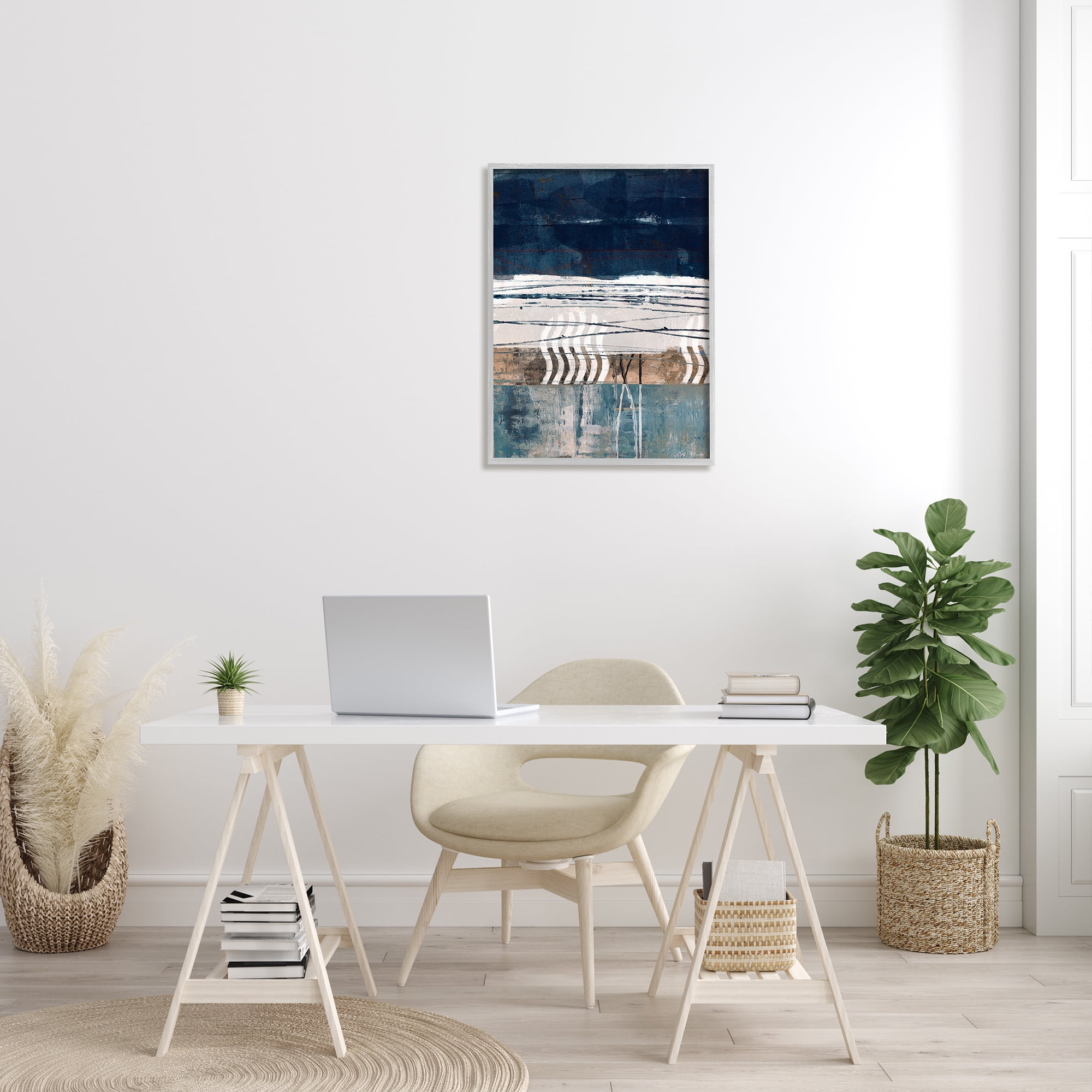 Stupell Industries Abstract Rustic Collage of Blue Shapes and Lines Abstract Painting Gray Framed Art Print Wall Art, 24 x 30