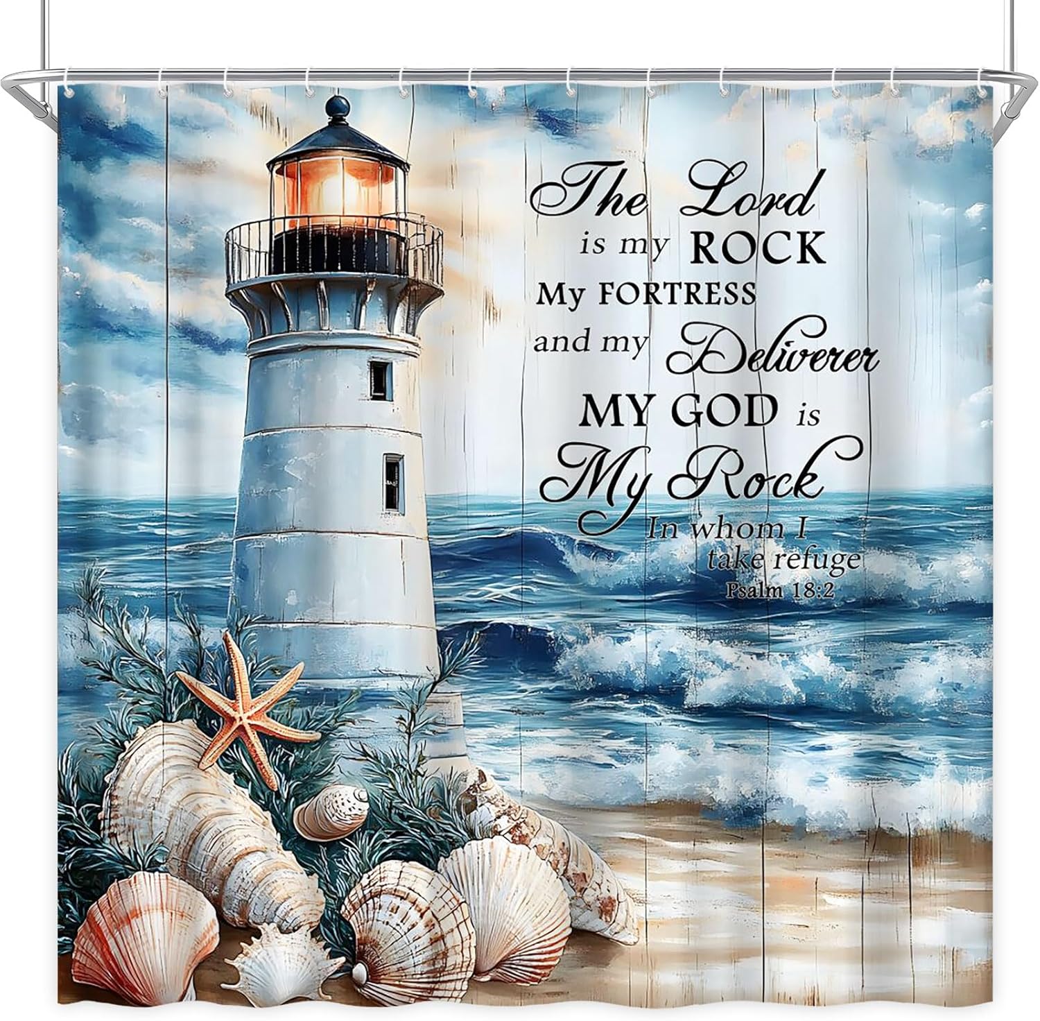 Nautical Lighthouse Shower Curtain Beach Coastal Summer Ocean Sea Wave Starfish Seashell Bible Verse Vintage Tropical Seascape Fabric Bathroom Decor Curtain Sets with Hooks (72" Wx72H)