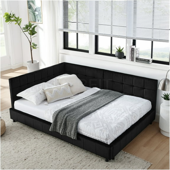 JERFIT Modern Velvet Upholstered Daybed with Backrest Armrests, Full Size Sofa Bed for Living Room or Bedroom, No Box Spring Needed, Black