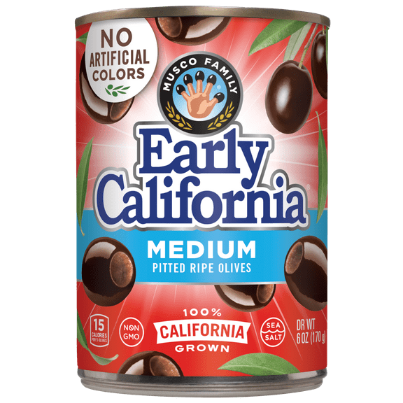 Early California Medium Pitted Ripe Olives, 6 oz. Can. No Artificial Colors. Major Allergens Not Contained.