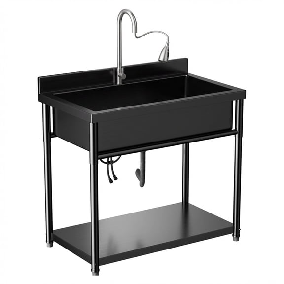 TABU Stainless Steel Utility Sink, Laundry Sink with Cold and Hot Water Faucet, Freestanding  Black Sink for Kitchens, Garage