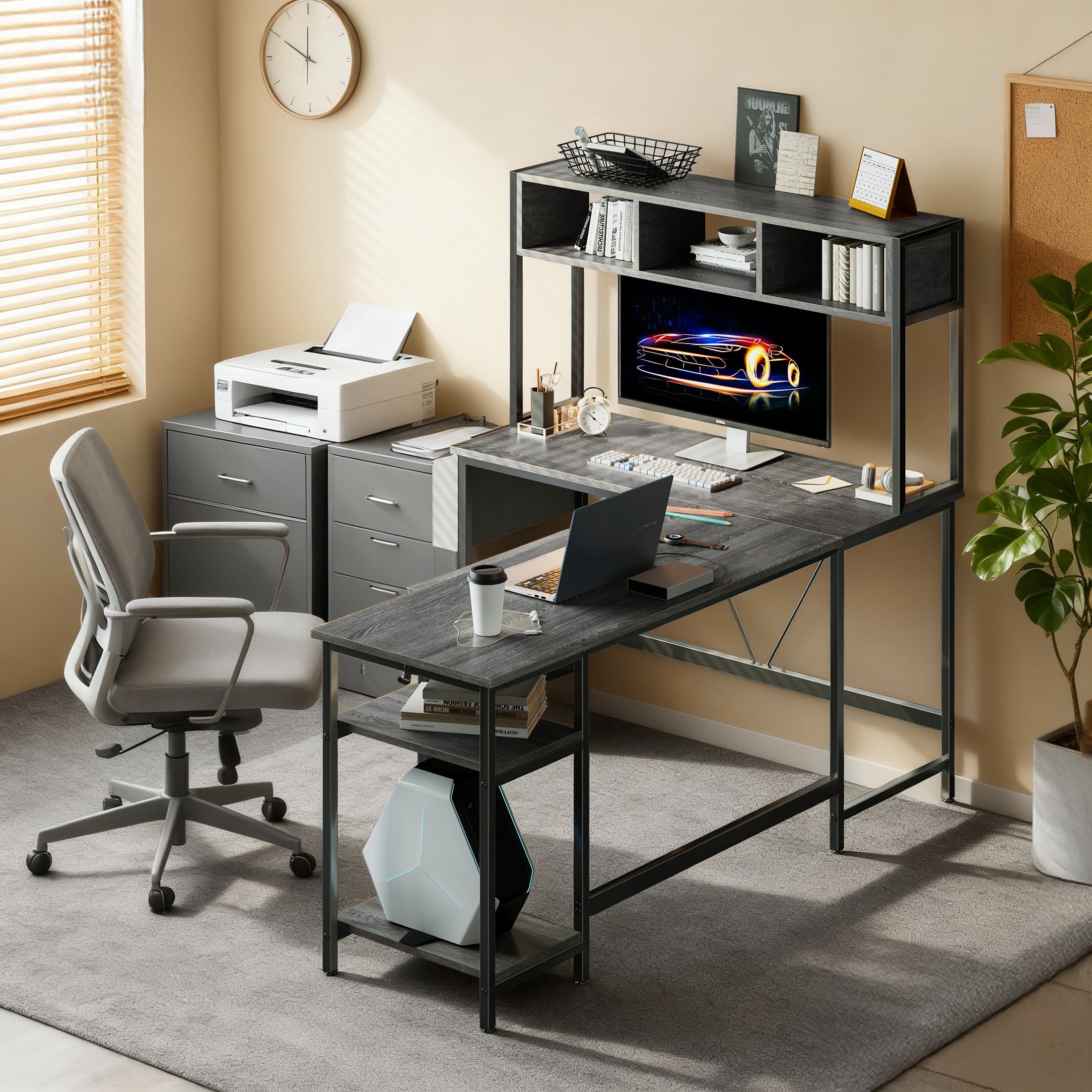 EDX 67'' L Shaped Computer Desk with LED Light, Shelf & Storage Bag & Keyboard Tray Corner Desk, Gray