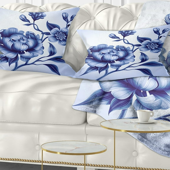 Designart Blue Peony Rose and Sakura Flowers - Floral Throw Pillow - 12x20