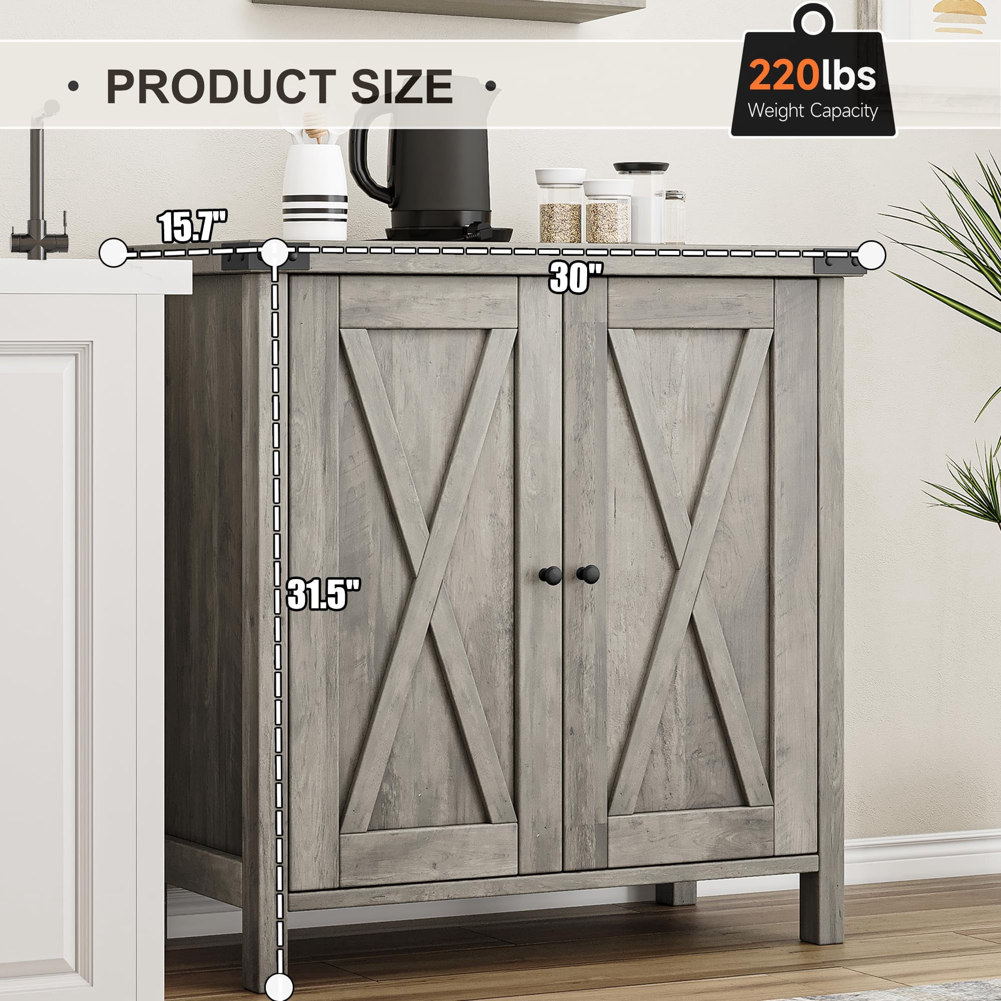 DSstyles Farmhouse Storage Cabinet with Doors and Shelves, MDF-engineered wood Gray