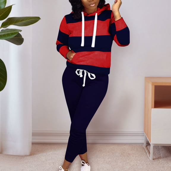 Cagogo Women Plus Size Striped 2 Piece Set Casual Long Sleeve Round Neck Hoodie Elastic Waisted Pants Matching Lounge Outfits Spring Cruise Travel Clothes, Navy 2XL