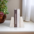 thumbnail image 4 of Trapezoid Book Ends for Bookshelf Decor - Modern Marble and Brass Book Accessories for Home Library, Office or Desk Decor - Heavyweight Stone Bookends for  Decorative Storage - Set of 2, 6", White, 4 of 12