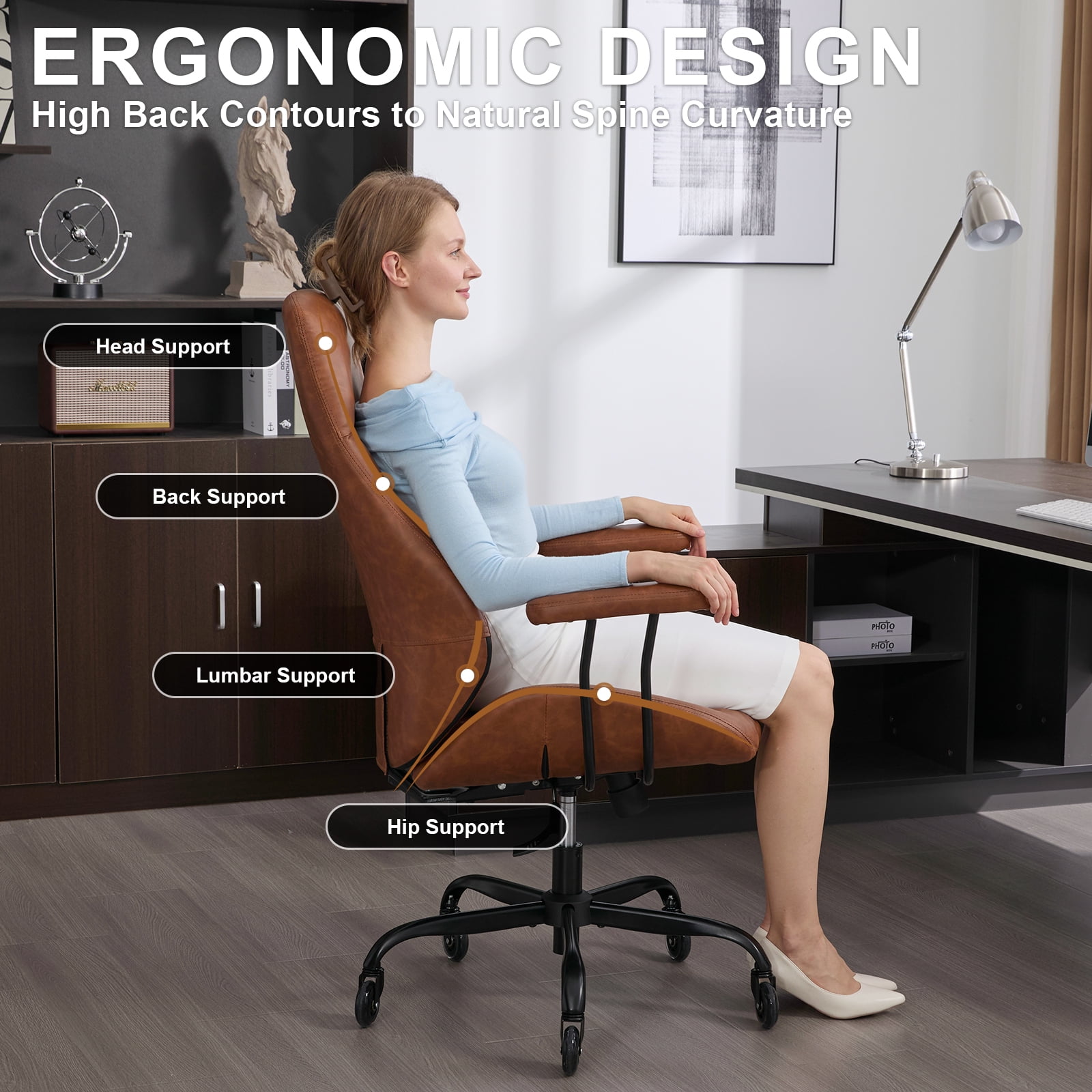 E-Motie Home Office Desk Chair, Ergonomic High Back Leather Computer Chair with Lumbar Support, Adjustable Height & Recline, Swivel Executive Office Chair with Armrests and Rubber Casters, Brown