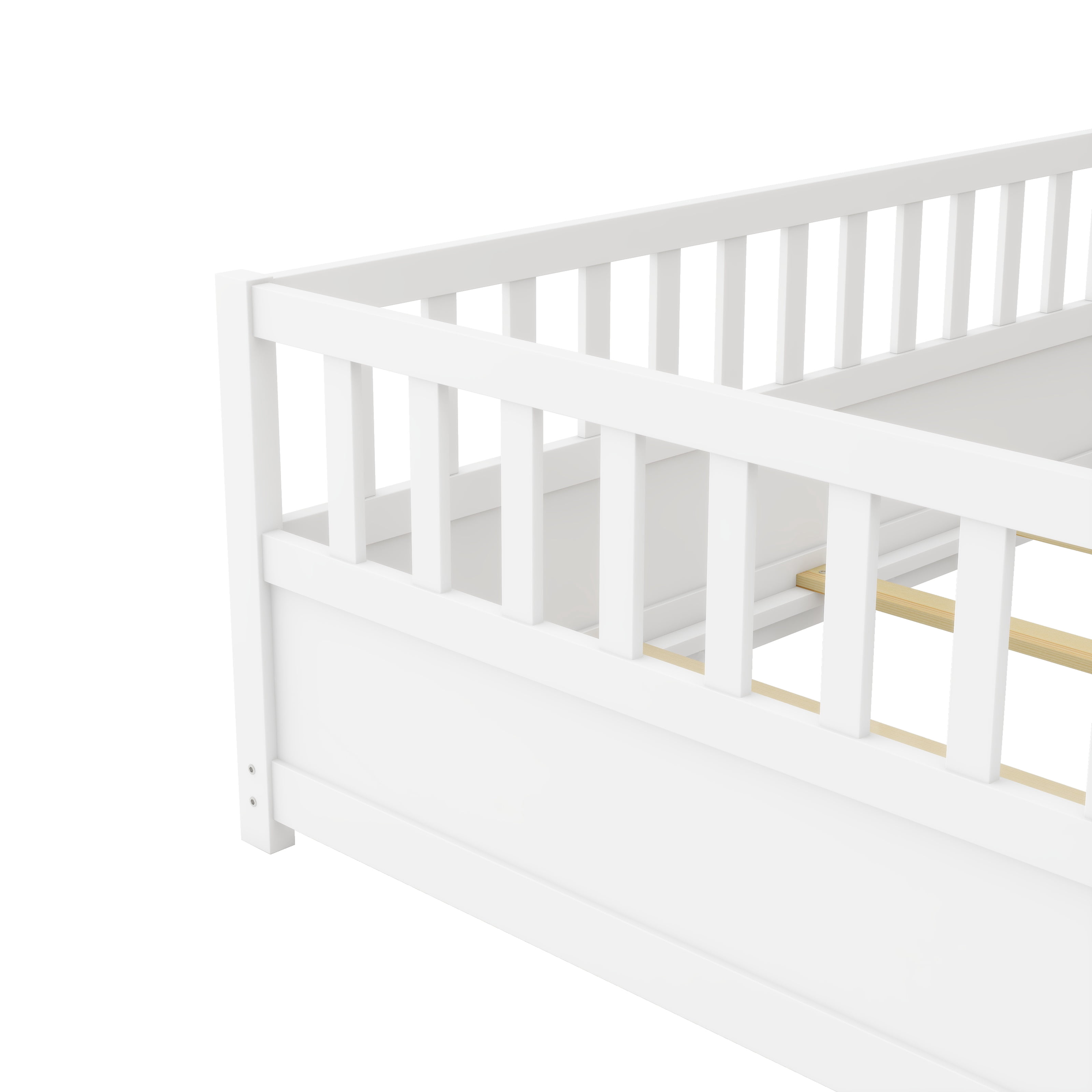 Floor Bed, Low-Profile Bed Frame, Twin Size Bed with High Safety Barrier, Door and Support Slats for Stability, Solid Pine Wood Construction, White
