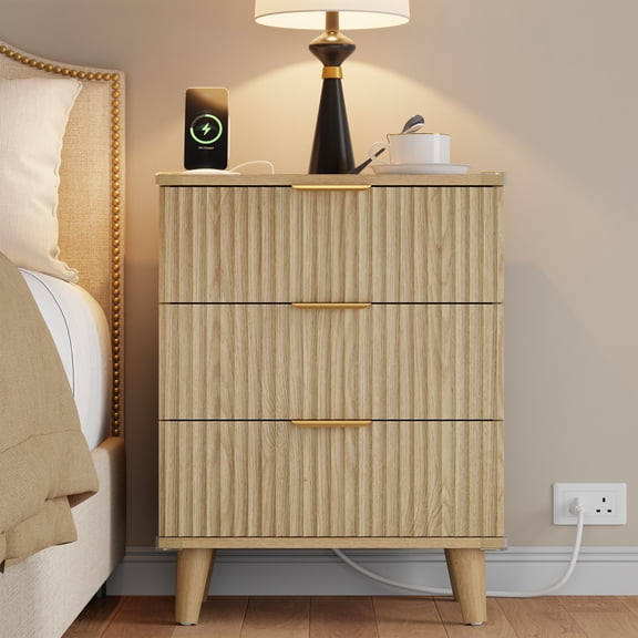 GIKPAL Night Stands for Bedroom, Modern Bedside Table with 3 Drawers & Charging Station,Fluted Panel End Tables for Bedroom & Living Room, Natural