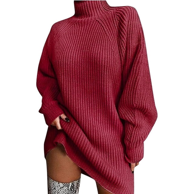 Long Pull pour Femmes Décontracté Oversize Robe Pull Femme Couleur Unie Col Roulé Automne Pull Tricoté Femme Long Pull Épais Vente Manches Longues Sweat Élégant Pull Manches Longues Chemise (m)
