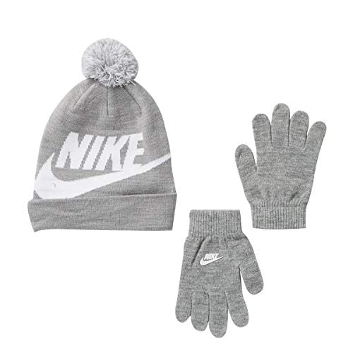 NIKE Boys Big Kids Swoosh Beanie Hat Gloves Set (Grey/White, 8-20