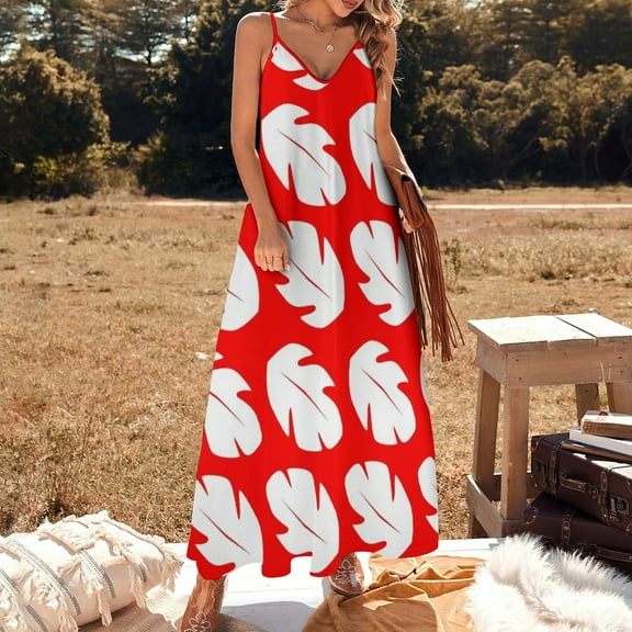 Red & White Tropical Leaf Sleeveless Dress Dress woman wedding dresses for woman elegant chic wedding evening dresses