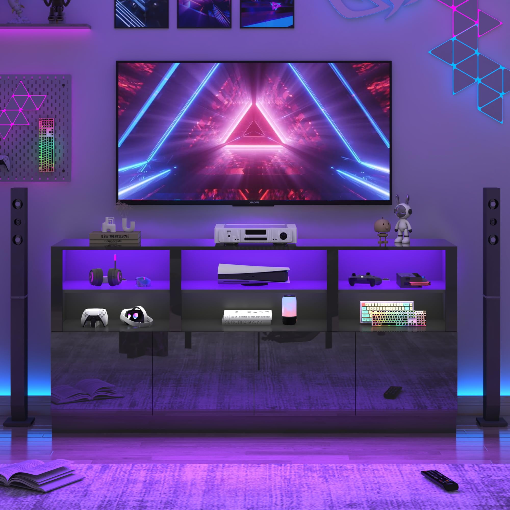 ANPOO LED TV Stand for 75” 80" 85" TVs, Tall Entertainment Center with 4 Door Storage Cabinets, Modern Glossy Gaming TV Console with for Living Room
