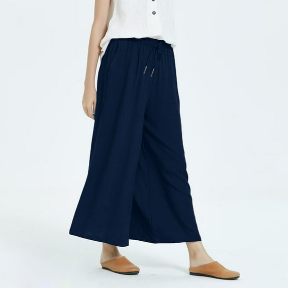 CHGBMOK Capris for Women Casual Summer Cotton Linen Loose Casual Wide Leg Nine-Quarter Pants