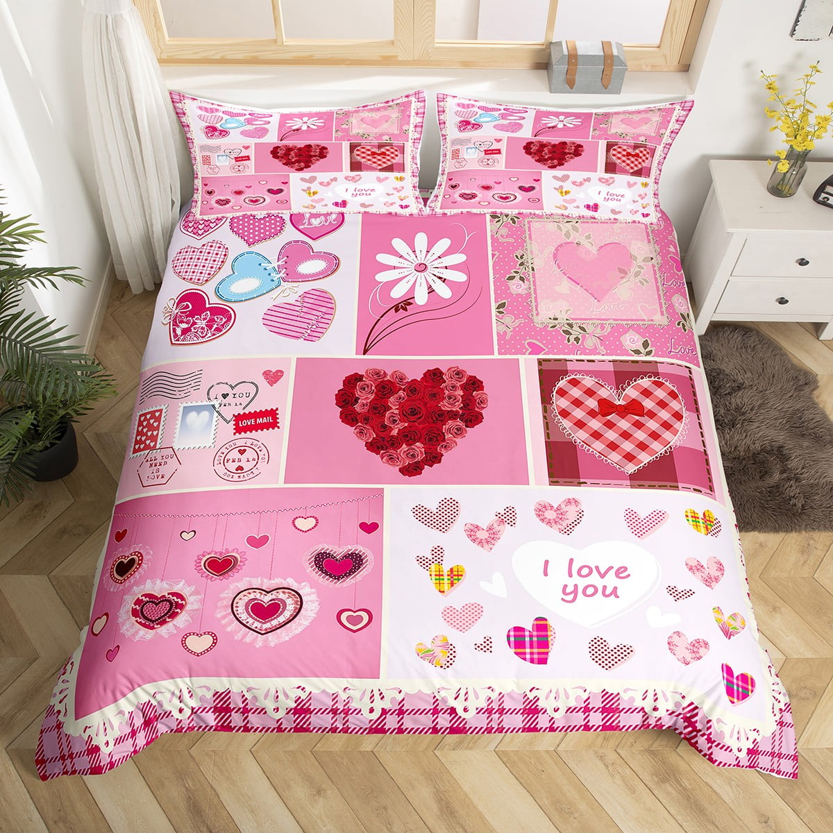 Pink Valentine Bed Sets Full Rose Heart Pattern Duvet Cover For Girls