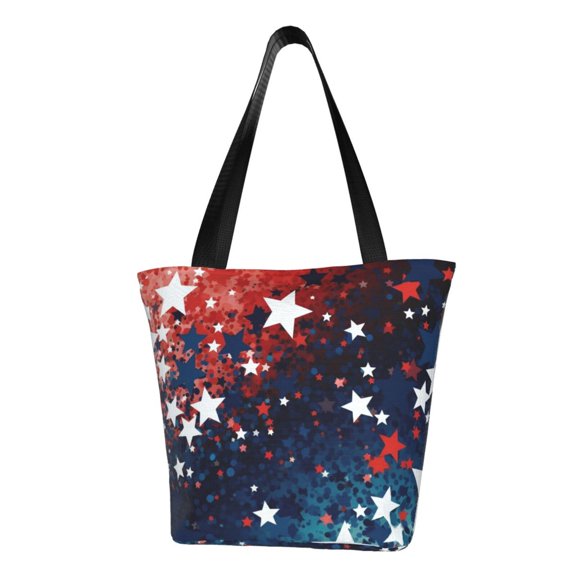 TEQUAN Reusable Shoulder Tote Bags, Red White and Blue Stars Prints Polyester Casual Shopping Grocery Bag for Women