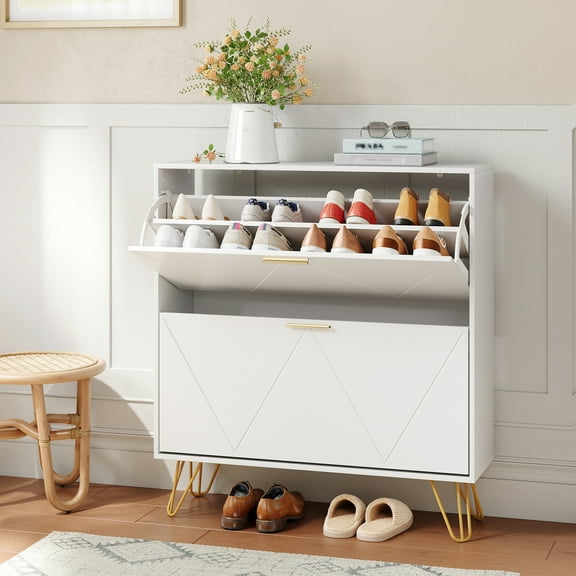 YouTrend White Shoe Cabinet with 2 Flip Drawers,Modern Narrow Shoe Organizer W/ W Pattern for Entryway