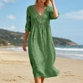 thumbnail image 2 of Bysome Women Dress Solid Color 3/4 Sleeve V-Neck Flowy Dresses Summer Casual Women Dresses Size M Green, 2 of 8