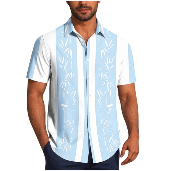 TKKCS Mens Vintage Bowling Shirts- Vacation Beach Breathable Casual Lightweight Short Sleeve Cuban Collar Button Down Shirts Light Blue Size XL
