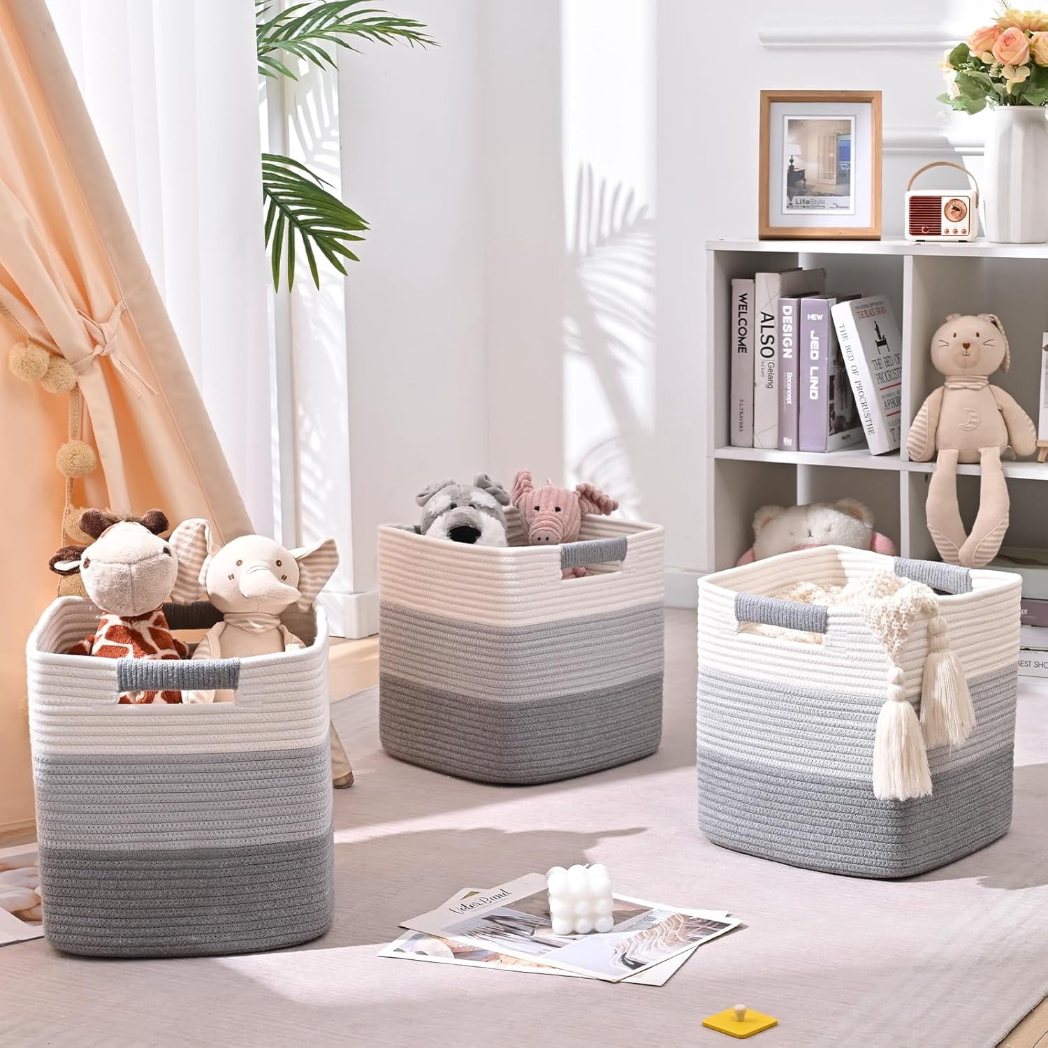 Natubeau 3 Pack Woven Storage Basket for Shelves, 11 Inch Cube Storage Bins, Cotton Rope Woven Baskets for Organizing, Gradient Grey
