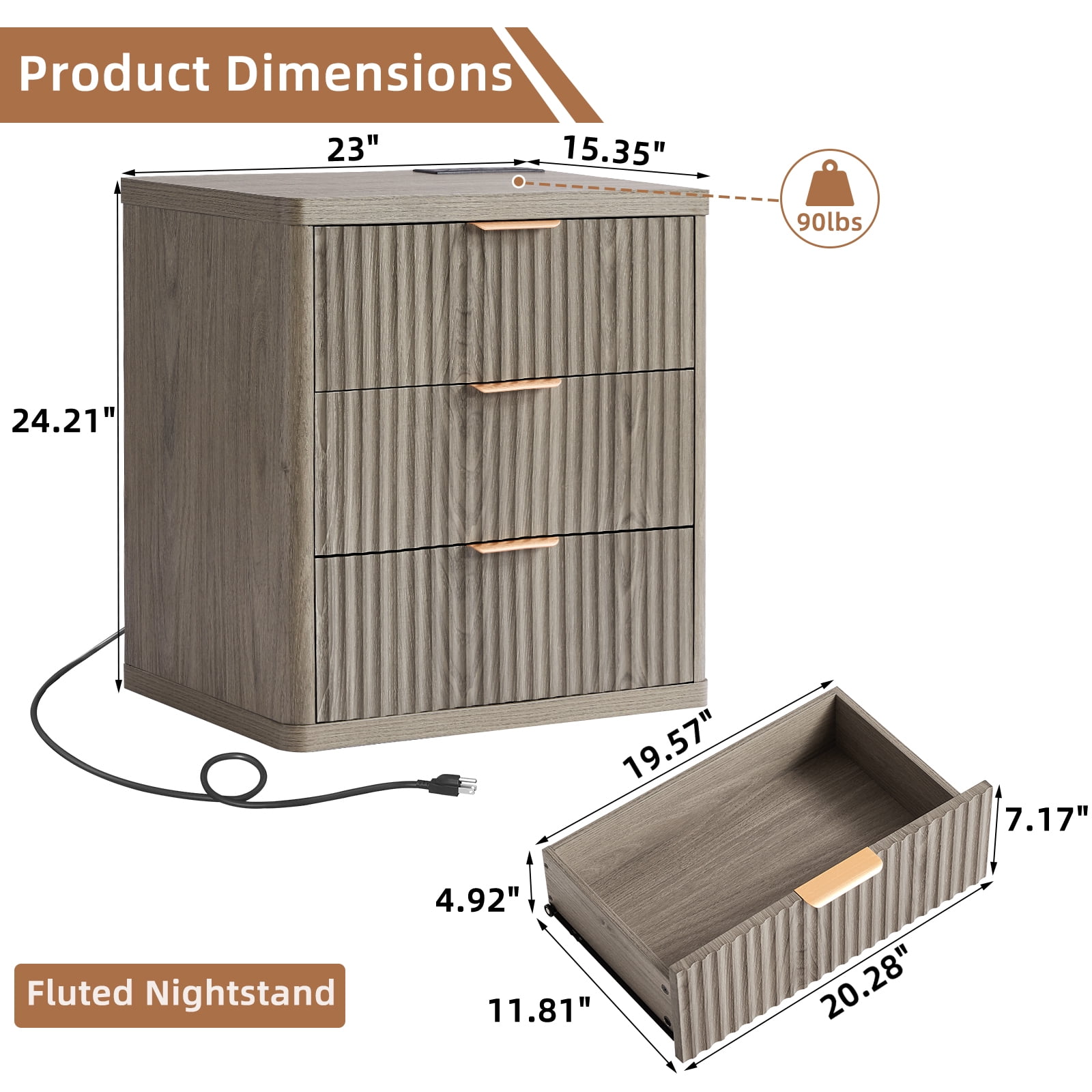2 Pcs End Table with Charging Station, 23" Wide Sofa Side Table with 3 Drawers, Large Storage Rustic Wood Storage Cabinet for Living Room,Bedroom, Grey