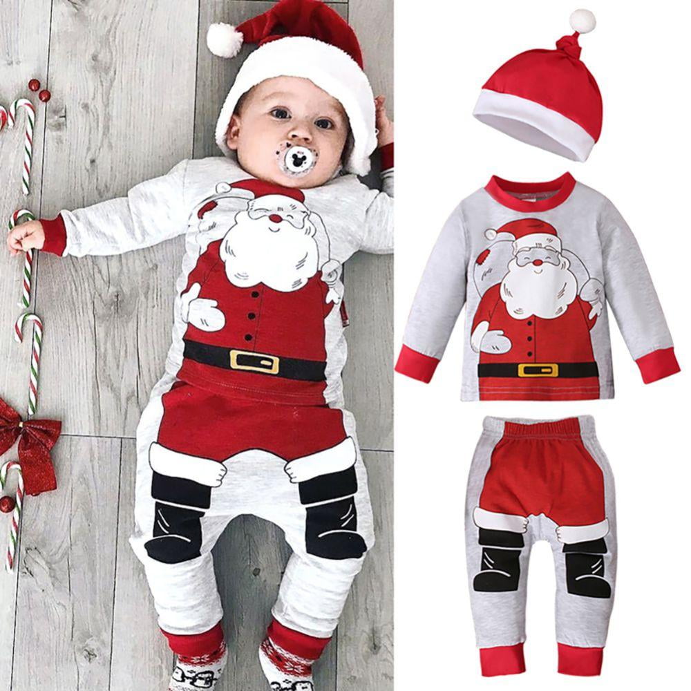 Christmas Newborn Baby Santa Outfits Sweatshirt+Pants+Hat Long Sleeve Pullover for Xmas Cosplay Party 3-6Months -