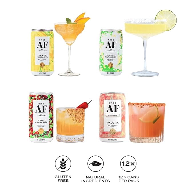 FREE AF Non-Alcoholic Drinks Margarita Variety Pack | Alcohol Alternative Sparkling Cocktails with AFTERGLOW Botanical Warmth | Gluten-Free, Low-Calorie | 8.4 oz Cans (12-Pack)