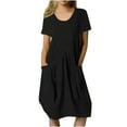 thumbnail image 1 of Robes en Lin pour Femmes Mode Été Décontractée Col Rond Bouton Manches Courtes Coton Lin Robe Genou Poches Robes Unies Manches Courtes pour Femmes Robes Courtes pour Femmes Été, 1 of 8