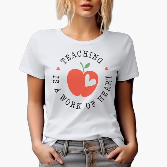 Teaching Is a Work of Heart Quote with Apple Art, Teacher Merch Gift, White T-Shirt, Small