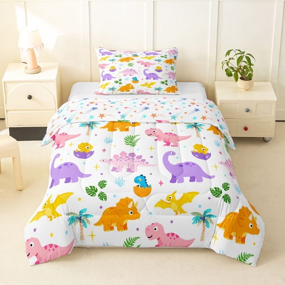 Homewish Kawaii Dino Twin Comforter Sets,Cartoon Wildlife Bedding Set,White,Colorful Stars Reversible,2pcs,1 Comforter and 1 Pillowcase