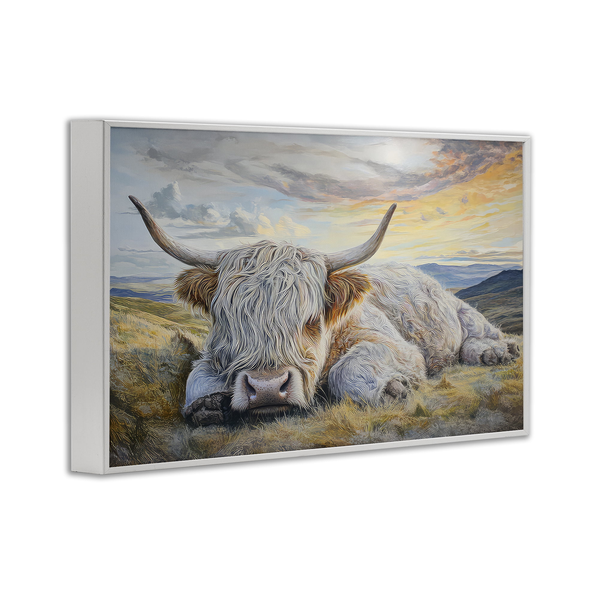 Stupell Industries Sleeping Highland Cow Pastoral White Framed Giclee Art, design by The Wands Want