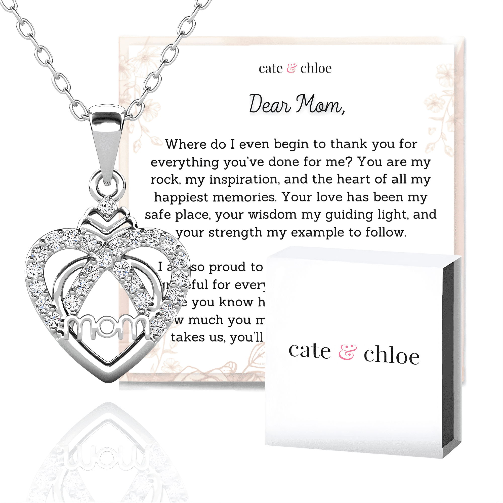 Cate & Chloe Jenna 18k White Gold Plated Necklace with Heartfelt Message Card, Gift for Mom
